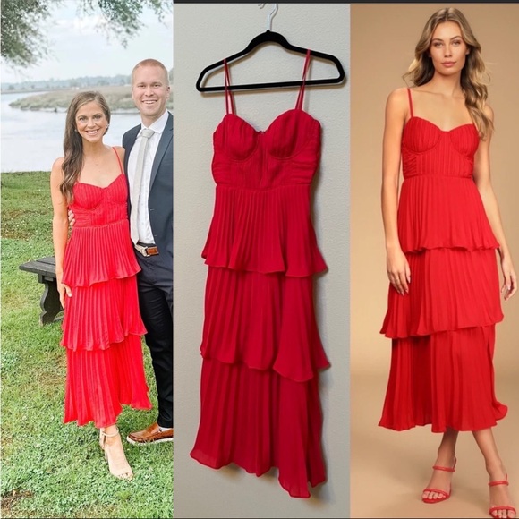Red Bustier Pleated Tiered Chiffon Midi Dress 🌿 similar to Abercrombie Giselle - Picture 3 of 10